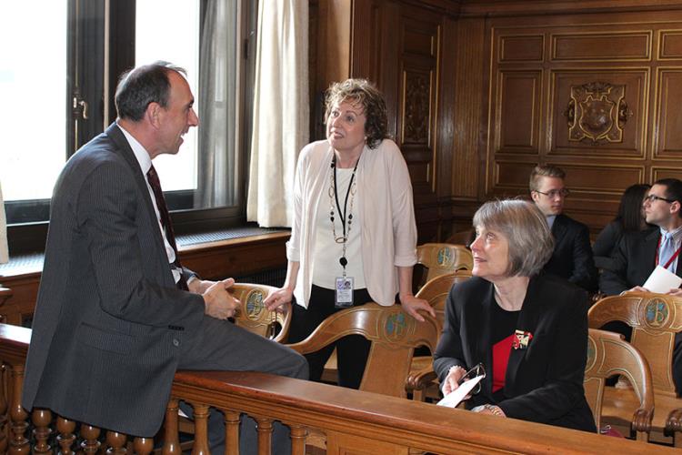 Assistant Attorney General Michael Besso, Linda Dubois, executive legal assistant to Chief Justice Chase T. Rogers, and Molly LeVan, clerk to Appellate Court Judge Douglas S. Lavine.