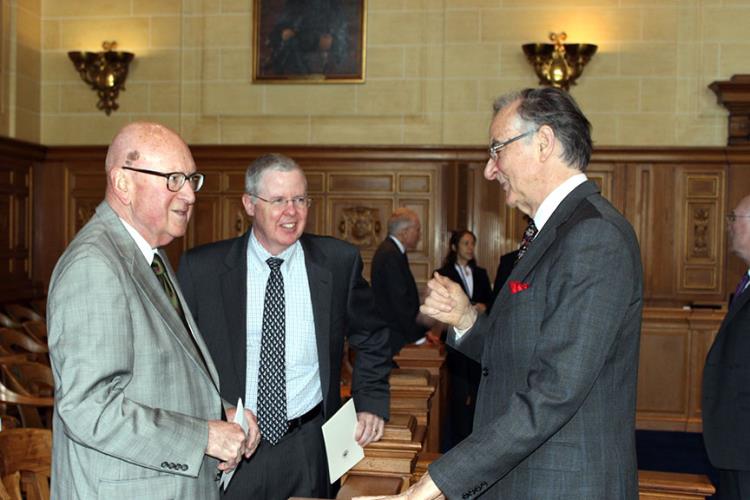 Judge Trial Referee John J. Langenbach (left) and Attorneys Gregory T. D’Auria and Wesley W. Horton.