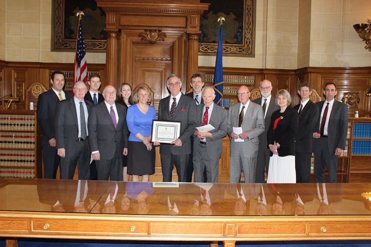 Members of the Connecticut Supreme Court Historical Society accept a Law Day honor from Chief Justice Chase&nbsp;T.&nbsp;Rogers.