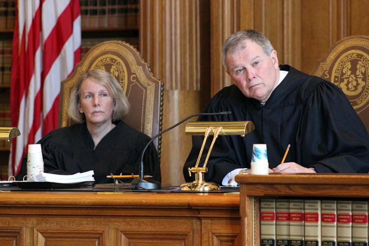 Chief Justice Chase T. Rogers and Associate Justice Dennis G. Eveleigh during the Law Day ceremony.