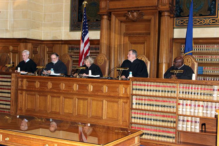 Justices of the CT Supreme Court, left to right, the Hon. Andrew J. McDonald, Hon. Peter T. Zarella, Chief Justice Chase T. Rogers, the Hon. Dennis G. Eveleigh and Hon. Richard A. Robinson.