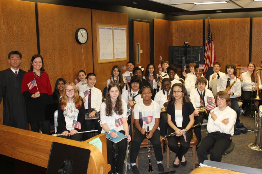 Judge Kwak, Secretary Merrill and the Hartford Magnet Trinity College Academy Band.