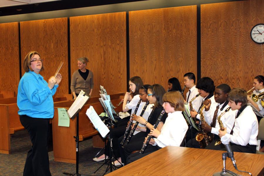 Kelly Pike directs the Hartford Magnet Trinity College Academy Band.