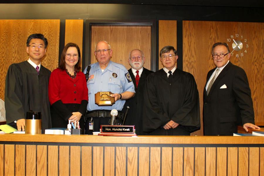 Judge Hunchu Kwak, Secretary of State Denise Merrill, Liberty Bell recipient Marshal Robert F. Dinunzio, Judges Joseph M. Shortall and Angelo L. dos Santos and Attorney Michael F. Romano, President of the Greater New Britain Bar Assn.