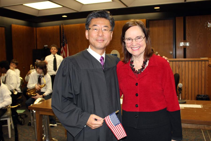 Judge Hunchu Kwak and Secretary of State Denise Merrill.