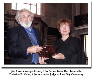 Jim Greene accepts Liberty Day Award from The Honorable Christine E. Keller, Administrative Judge at Law Day Ceremony