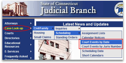 Screenshot of Case-Look-up navigation menu