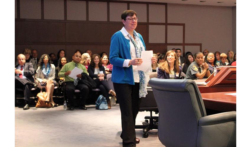 Linda J. Cimino, Judicial Branch Director of the Office of Victim Services introduces Associate Supreme Court Justice Richard A. Robinson and Troy Brown, Judicial Branch Training Academy Supervisor, for their lecture on <em>Understanding Implicit Bias.</em>