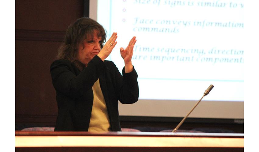 Sandra Inzinga, Director, Adult Vocational Services, American School for the Deaf, lectures on <em>Deaf Culture.</em>
