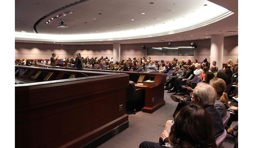 Judicial Branch personnel listen to Yale Professor Dan M. Kahan during the Diversity Week Opening Celebration<br>at the Legislative Office Building in Hartford.