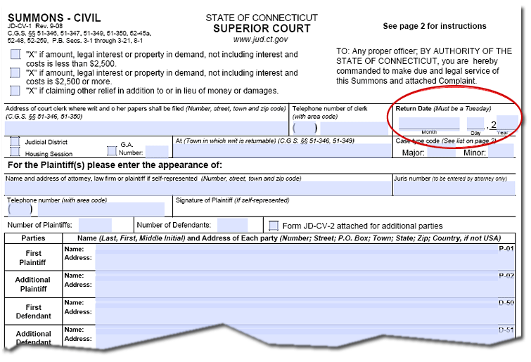 Return Date circled on Summons - Civil Form JD-CV-1